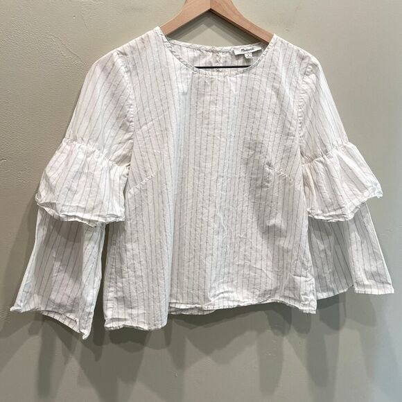 Madewell Pinstriped Ruffled White and Gray Top - Size: Medium - Picture 4 of 11